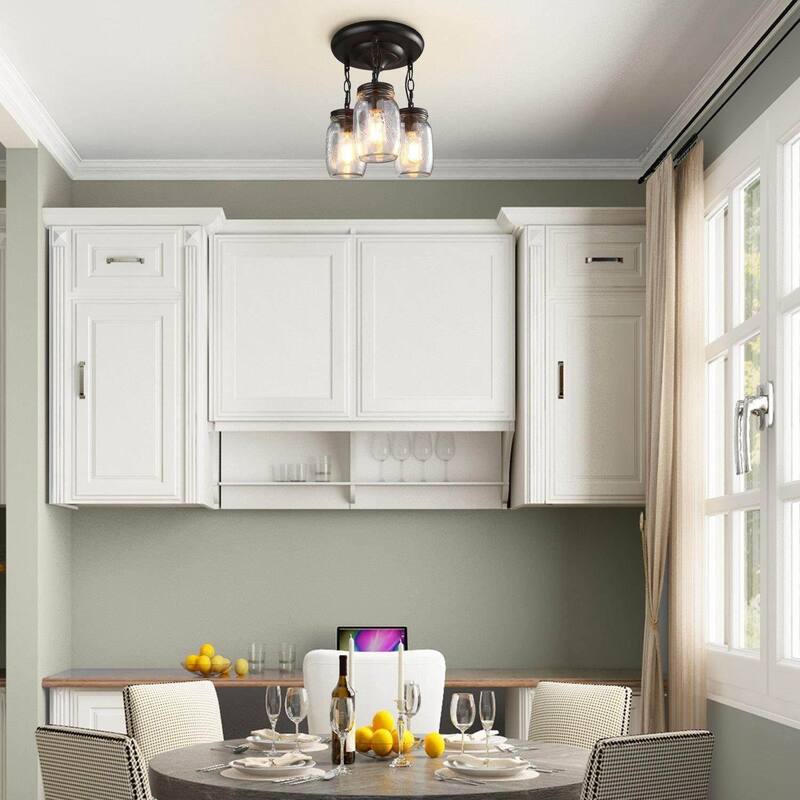 LNC Glass Modern 3-Light Mason Jar Semi Flush Mount Ceiling Light - Bronze - D11.8" X H13"