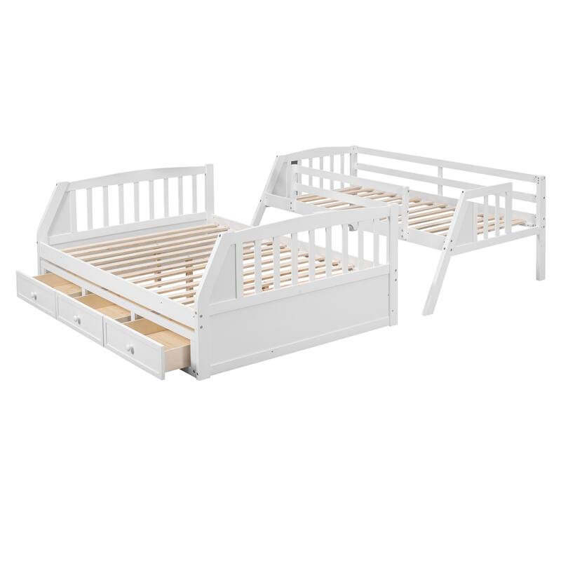 White Twin-Over-Full Bunk Bed with Storage Drawers and Staircase