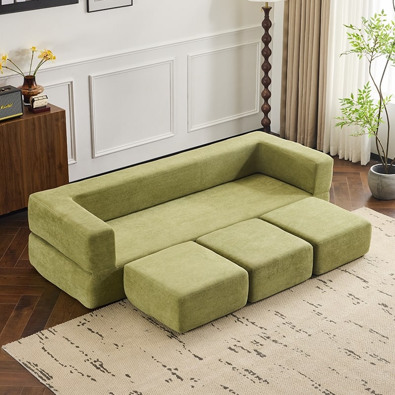 Convertible Sectional Sofa With 3 Storage Ottomans - High-Resilience Foam Sleeper, Space-Saving Chenille Floor Sofa