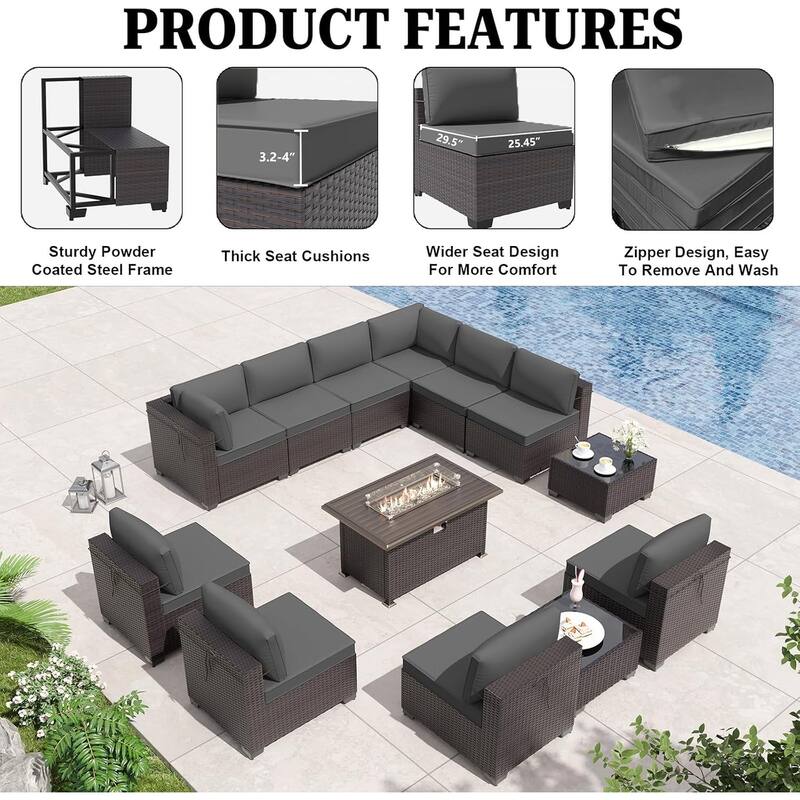 13-Pieces Wicker Patio Furniture Set, Outdoor Sectional Chairs with Firepit Table & Side Table