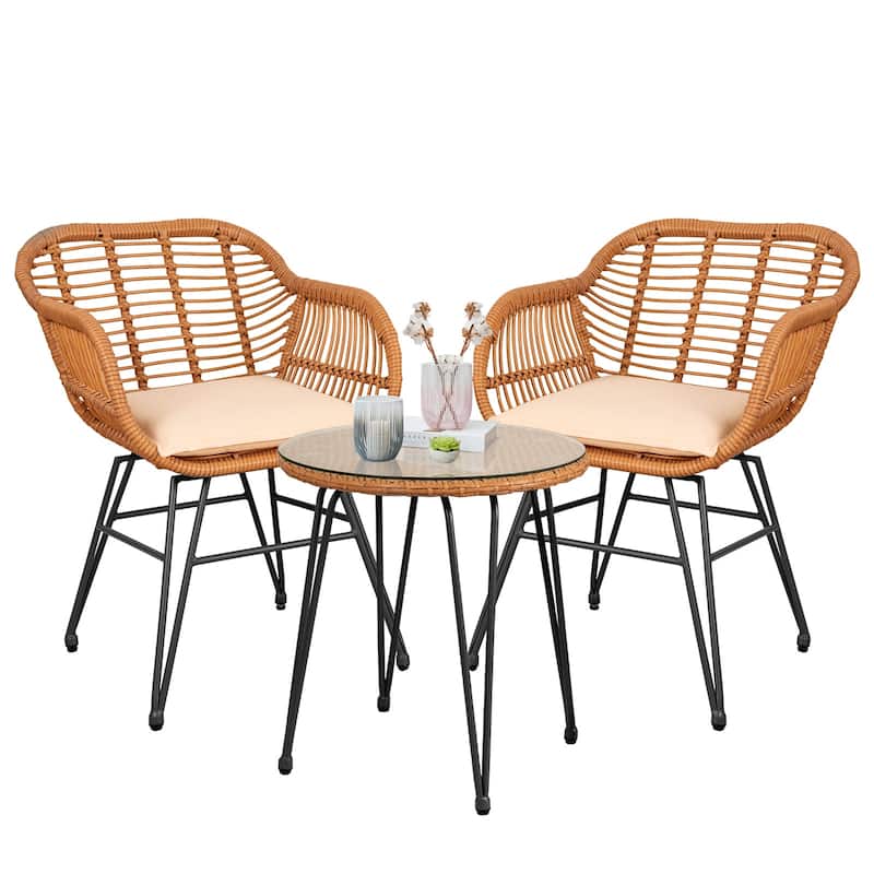 3 Piece Outdoor Wicker Furniture Patio Bistro Set With Cushions for Porch Poolside Garden - 21.2"L x 23.6"W x 31.5"H