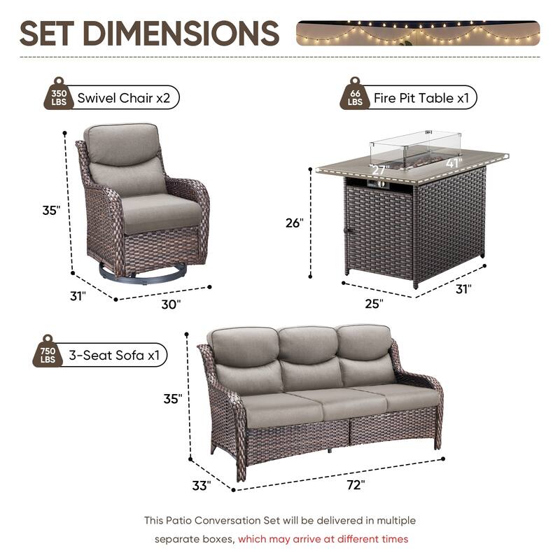 Pocassy Outdoor Fire Pit with Sofa Swivel Chairs Conversation Set