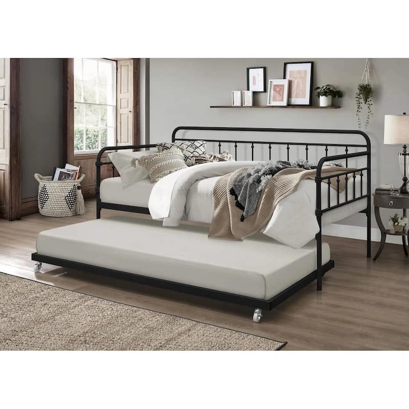 Twin size Rounded Iron Daybed with Roll Out Trundle Bed Frame