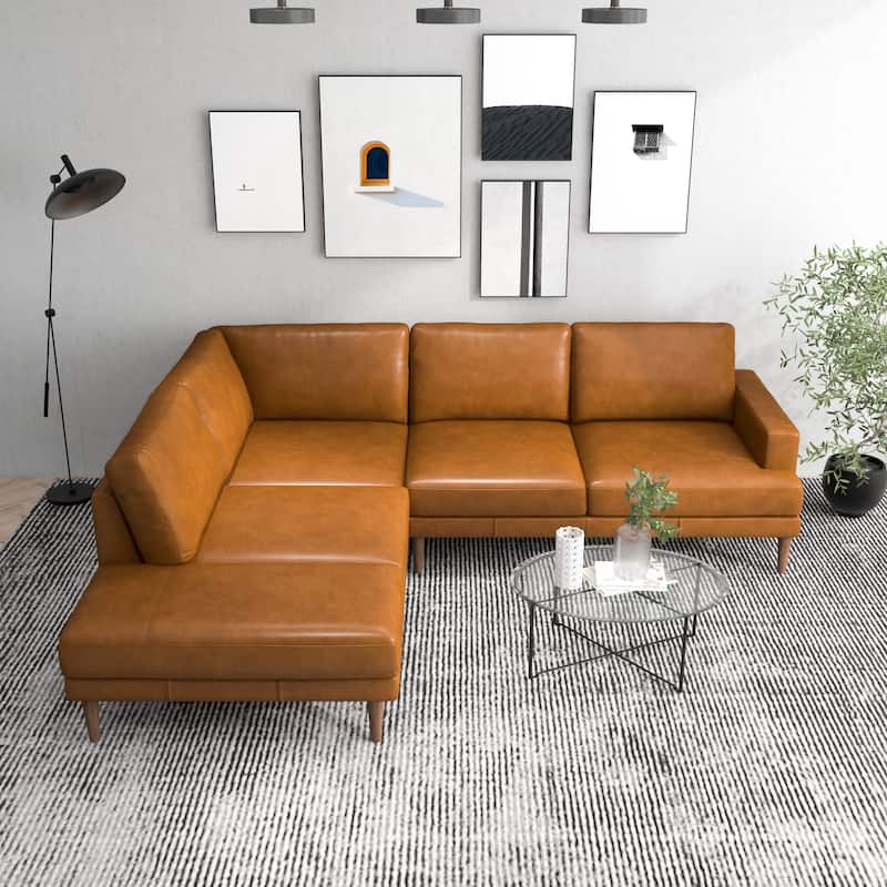 Harman Modern Living Room Fabric Corner Sectional Couch - Leather Tan - Left Facing