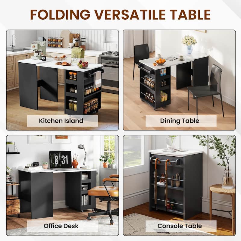 EROMMY Foldable Kitchen Island Table with Storage, Rolling Collapsible Dining & Work Table.