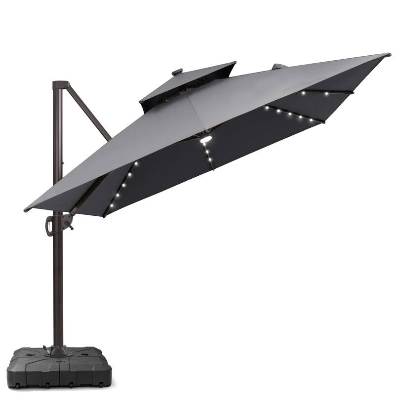 10X13 FT Outdoor Cantilever Patio Umbrella Solar LED Light with Wheel Base - DarkGrey