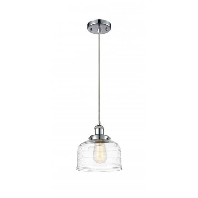 Innovations Lighting Large Bell 8" Wide Mini Pendant - Cord Hung - Polished Chrome / Clear Deco Swirl
