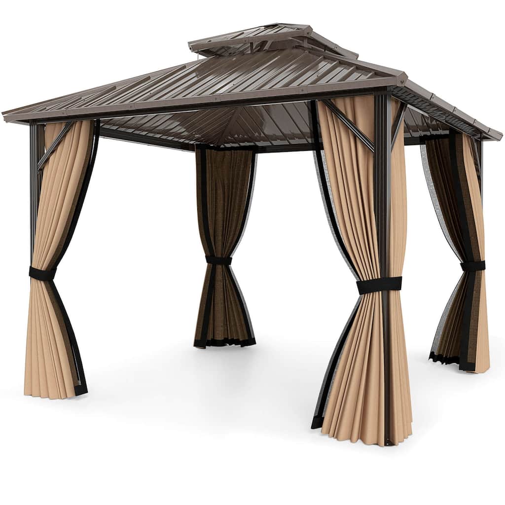 Costway 10 x 10 FT Hardtop Gazebo with Netting Heavy-Duty Double-Roof - Coffee