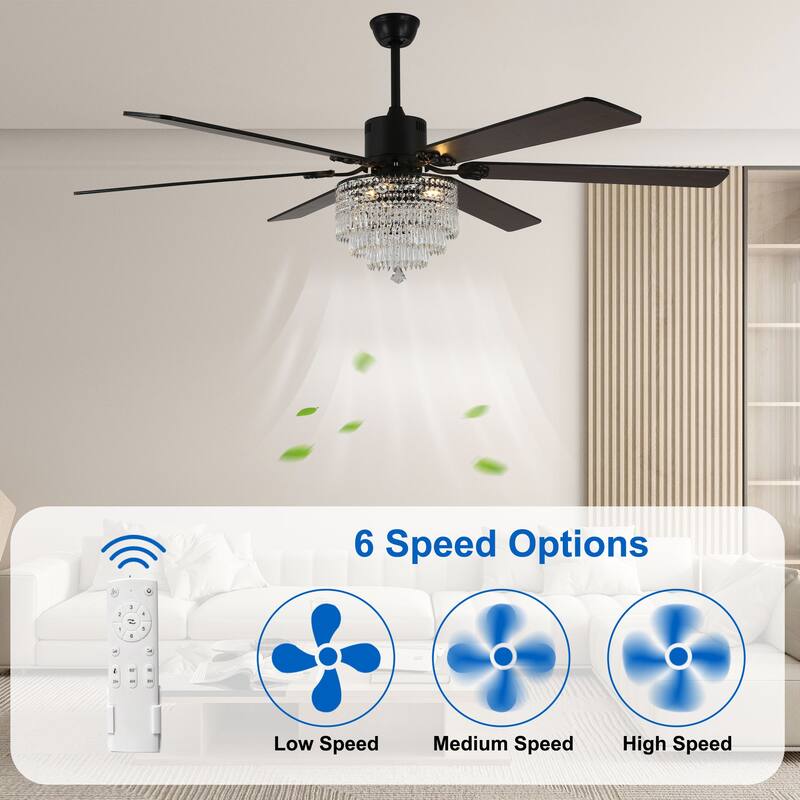CurveCurio 65" Lagre Ceiling Fan w Crystal Light Shade and Wood Blades, Quiet DC Motor w Remote For Large Room - 65" * 65" * 26"