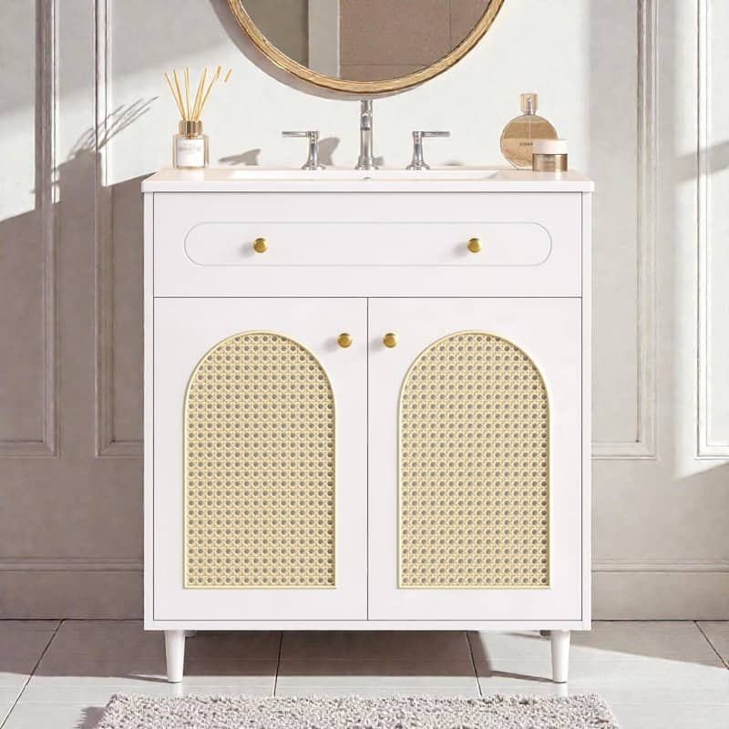 30" Bathroom Vanity with Ceramic Sink, Solid Wood Cabinet, Adjustable Shelf, Tip-Drawer & Rattan Panels