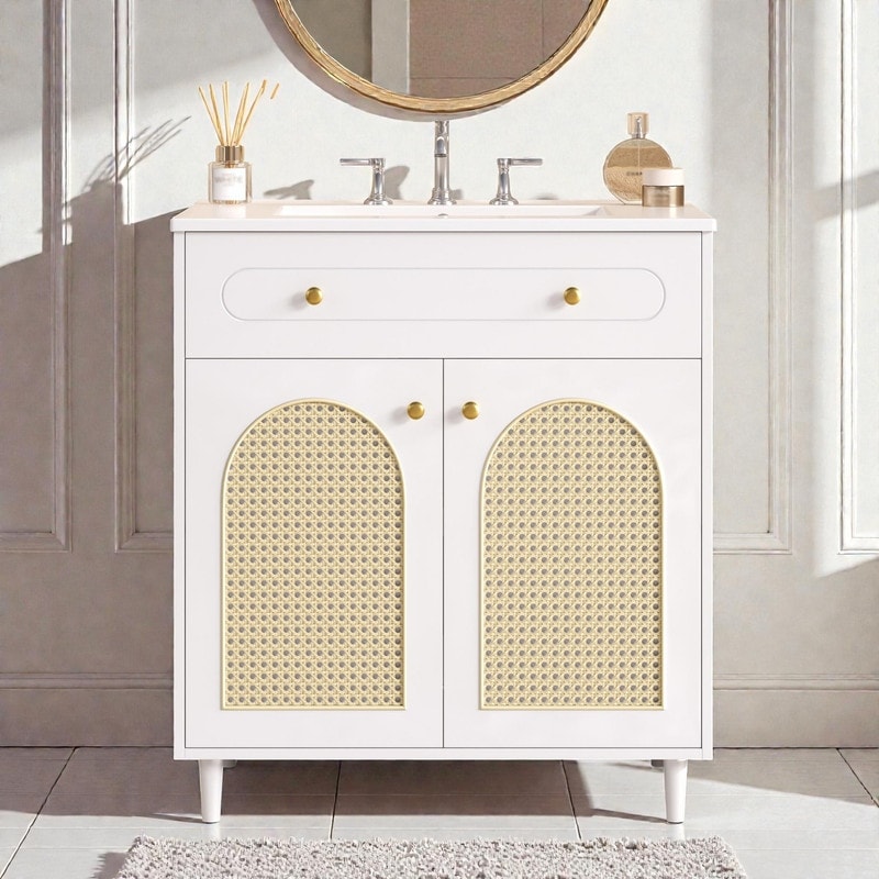 30" Bathroom Vanity with Ceramic Sink, Solid Wood Cabinet, Adjustable Shelf, Tip-Drawer & Rattan Panels
