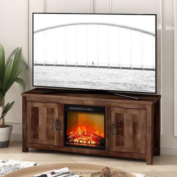 Furinno Jensen Farmhouse Barn Door Fireplace TV Stand with Storage