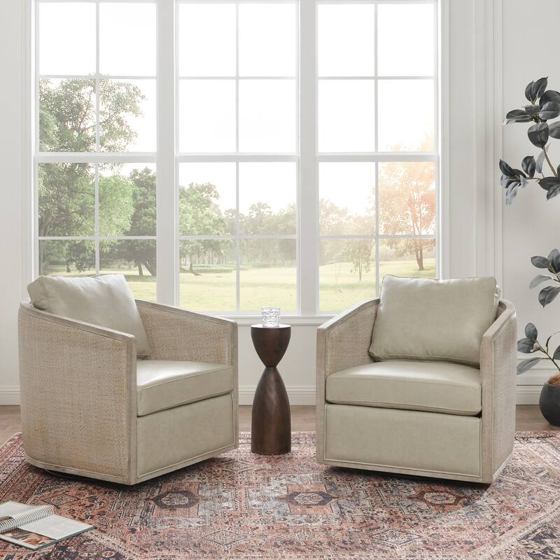 KINWELL 31"W Oak Frame Upholstered Swivel Barrel Armchair - Set of 2 - Oyster Genuine Leather