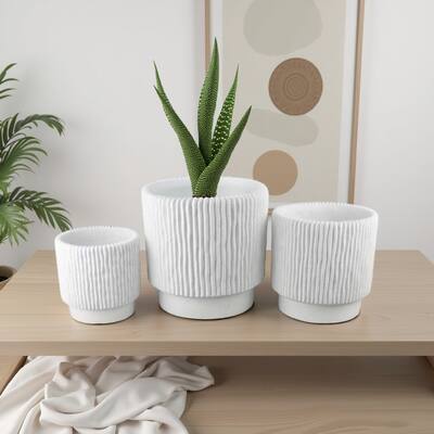 Zeri 3pc Planter Set, Ribbed Grooved White Terracotta, 8,10,12 Inch