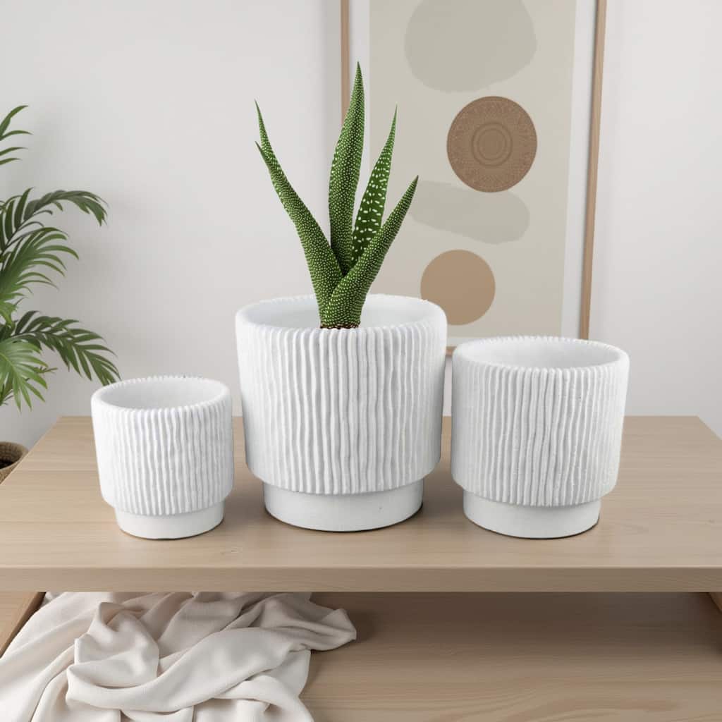 Zeri 3pc Planter Set, Ribbed Grooved White Terracotta, 8,10,12 Inch