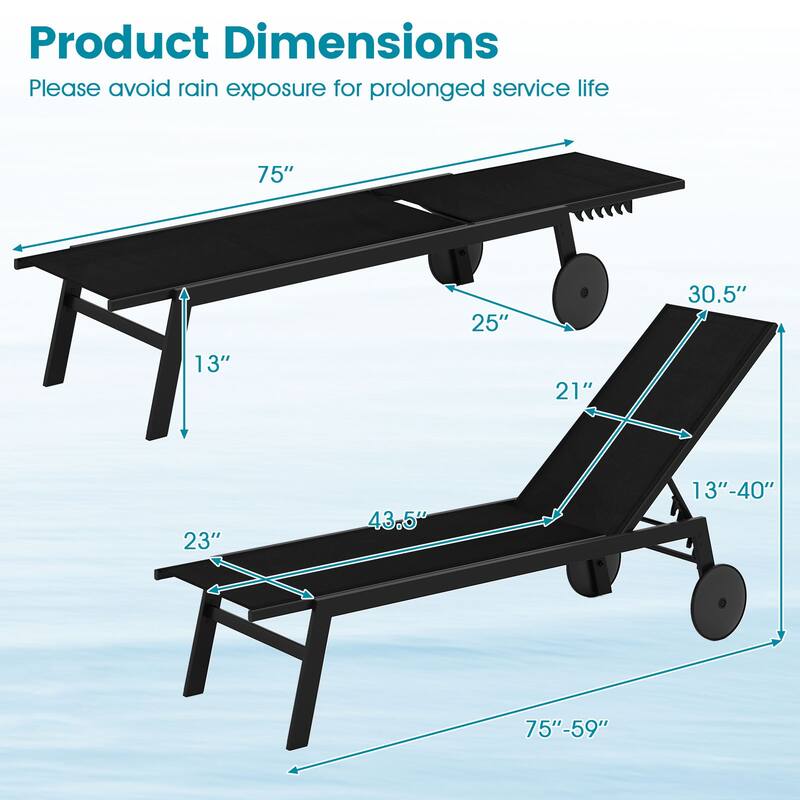 Gymax 2PCS Patio Chaise Lounge w/Wheels Adjustable 6-Position Backrest
