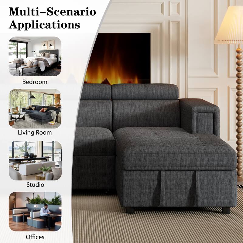 96" Linen L-Shaped Sectional Sofa Bed with Adjustable Headrest, Wireless Charging and Hidden Storage