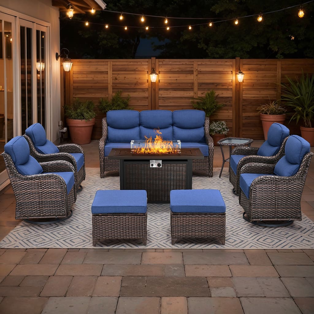 Gymojoy 9-Piece Wicker Patio Furniture Sofa Set with Fire Pit Table, 6-Inch Thick Cushion Swivel Glider Chairs & Ottomans