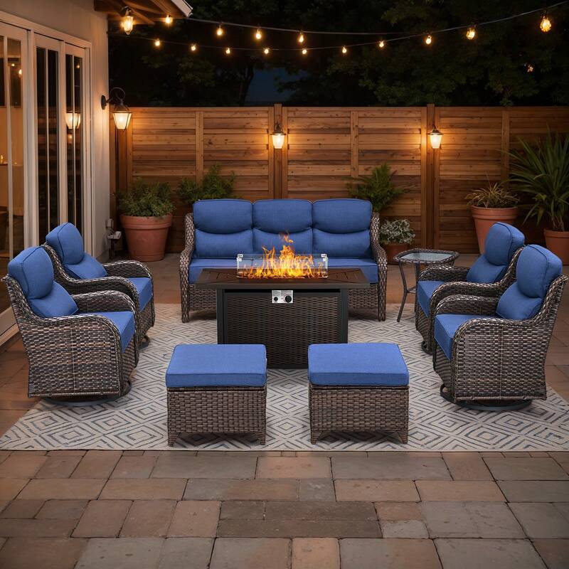 Gymojoy 9-Piece Wicker Patio Furniture Sofa Set with Fire Pit Table, 6-Inch Thick Cushion Swivel Glider Chairs & Ottomans - Brown Wicker / Blue Cusion - 9-Piece