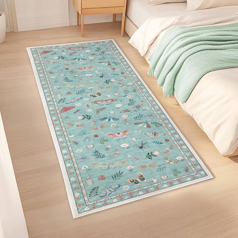 Floral Insect Print Washable Area Rugs for Living Room, Modern Non Slip Low Pile Area Rug
