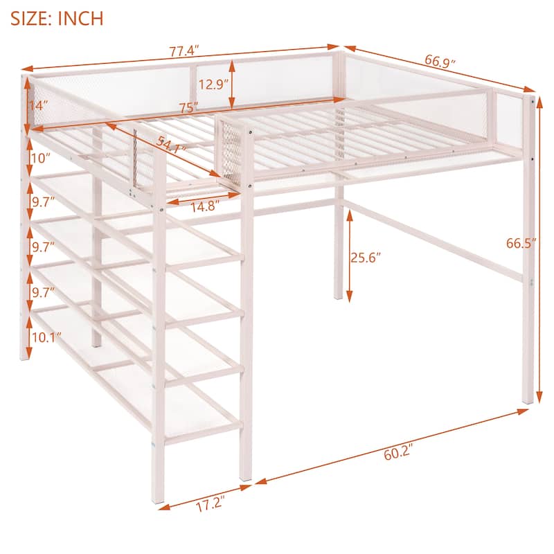 Pink Full Metal Loft Bed with Shelves & Workstation