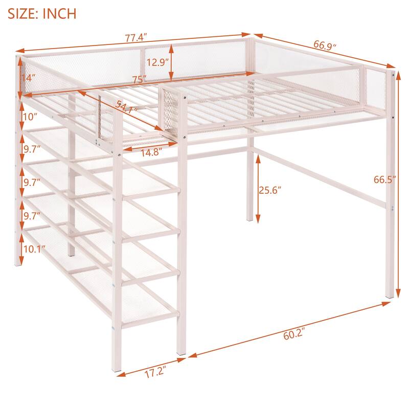 Twin/Full Metal Loft Bed with Built-in Desk, Shelves, and Storage, Modern Design