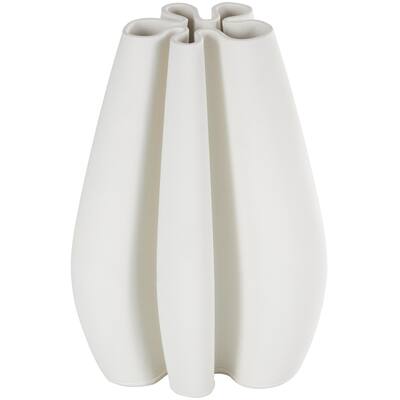 Ceramic Abstract Ribbed Dimensional Concaved Decorative Vase with Floral Shaped Rim - White - Roche River Decor
