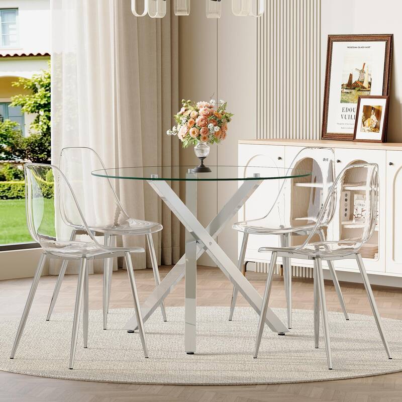 Set of 5 Piece Round Glass Dining Table and 4 Transparent Plastic Chairs X Shaped Metal Base