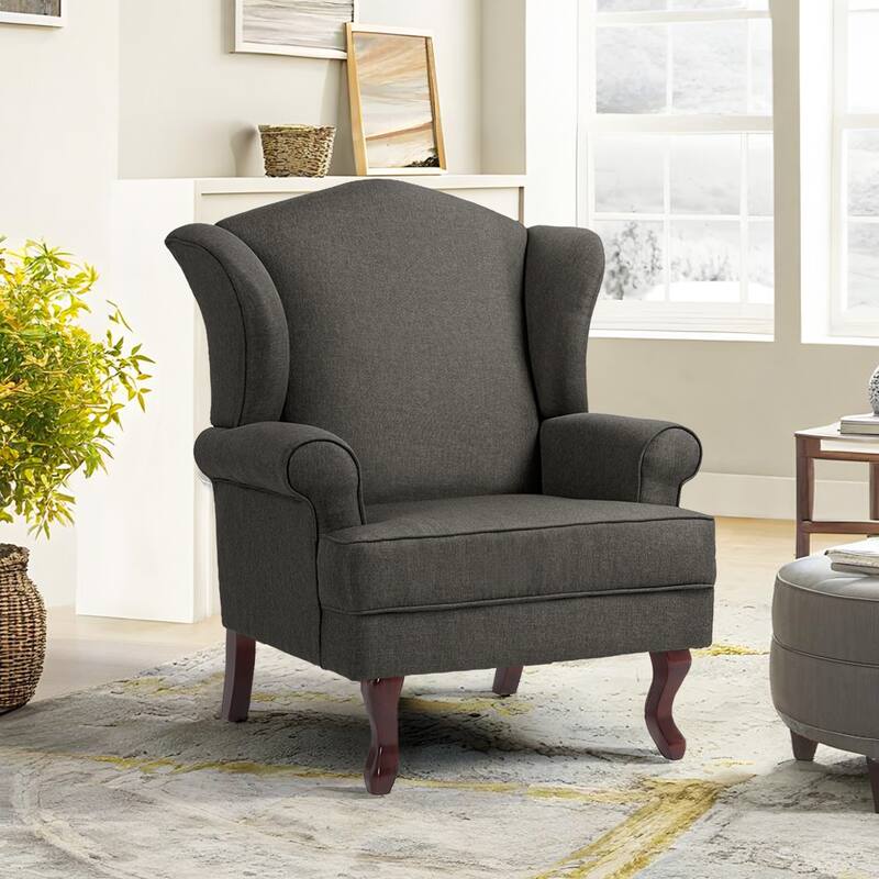 Classic Wingback Accent Chair for Living Room - 1-Piece - Dark Grey/ Linen