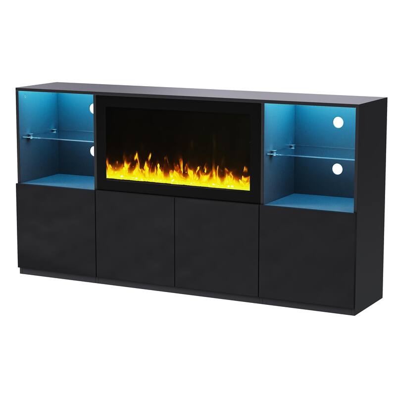 Modern LED TV Stand, for TVs up to 75 Inches with Electric Fireplace and Tempered Glass Shelf, for Living Rooms, Black