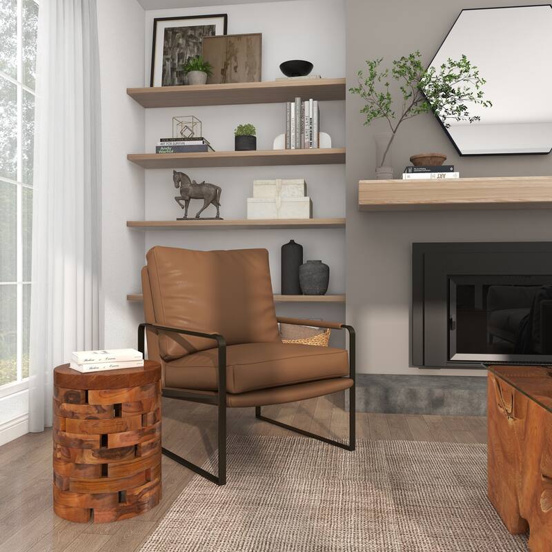 Teak Wood Handmade Live Edge Accent Table with Brick Inspired Design - Light Brown, Brown