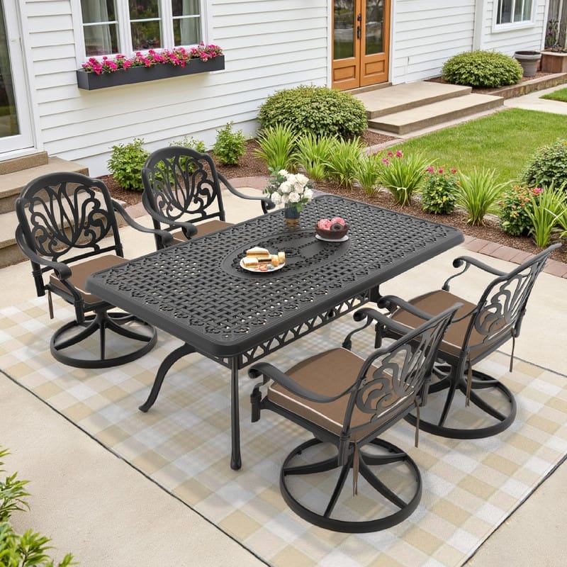 5-Piece Aluminum Rectangular Outdoor Patio Dining Set, 4 Cushioned Swivel Chairs, Table, All-Weather Frames