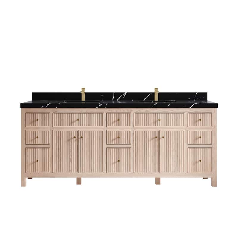 Willow Collections 84 x 22 Sonoma White Oak Double Sink Bathroom Vanity with Countertop - 2"Calacatta Black - White Oak