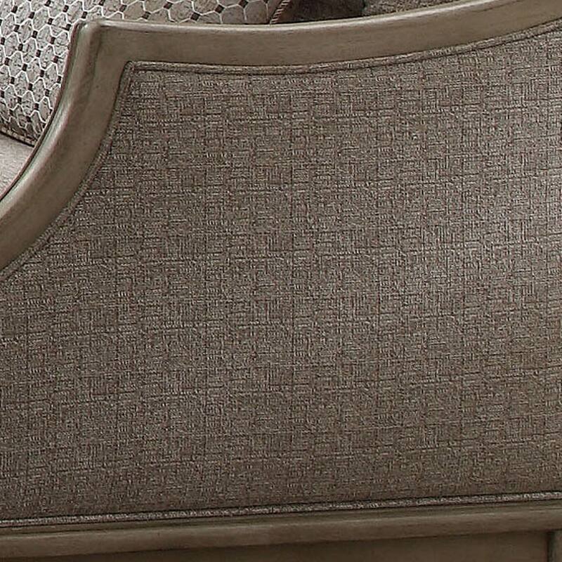 Button Tufted Camel Back Chair with Pillows and Scalloped Trim Arms, Gray