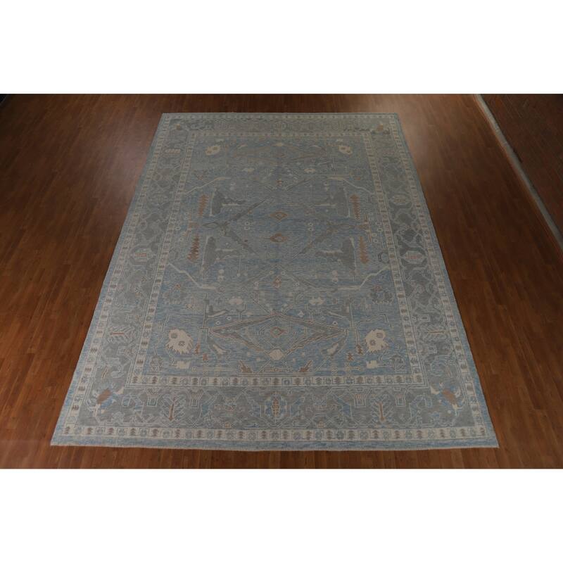 Hand Knotted Oriental 100% Wool Carpet Transitional All-Over Navy Blue & Blues Oushak Area Rug - 14' 11'' X 10' 11''