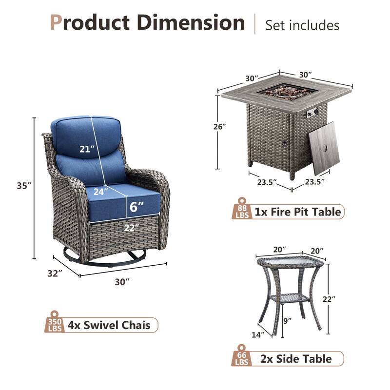 Pocassy Outdoor 6" Swivel Chairs with Fire Pit Table