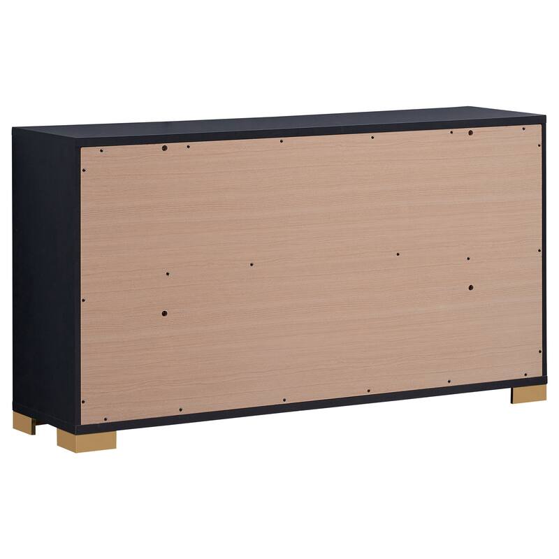 Dex 59 Inch Wide Dresser, 6 Drawers with Long Vertical Gold Handles, Black
