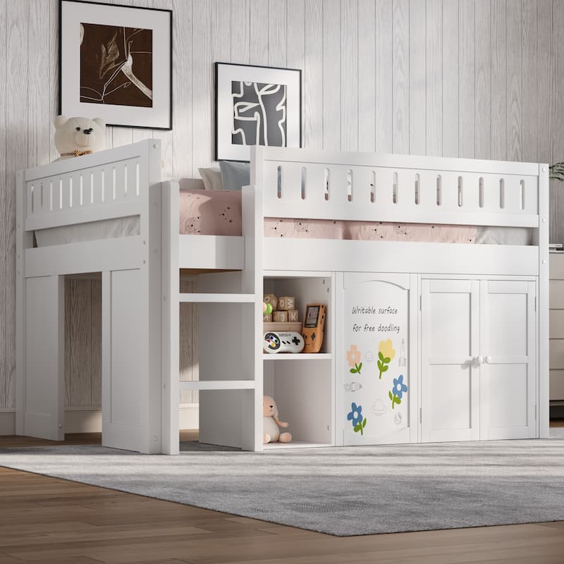 GDFStudio - Solid Wood Full Size Loft Bed with Storage & Chalkboard Panel - White - Full
