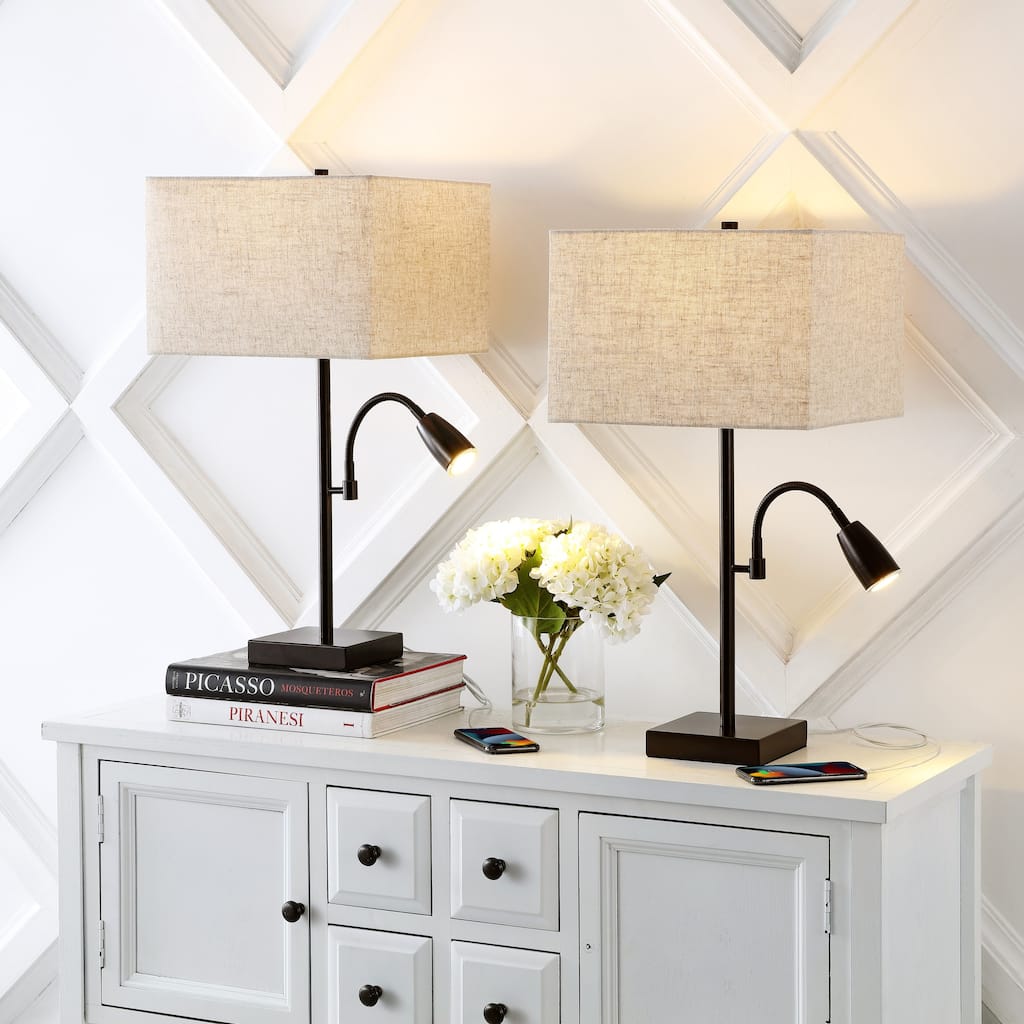 Sabrina 25.5" 2-Light Farmhouse Industrial Iron LED Table Lamp with USB Charging Port and Adjustable Light, by JONATHAN Y