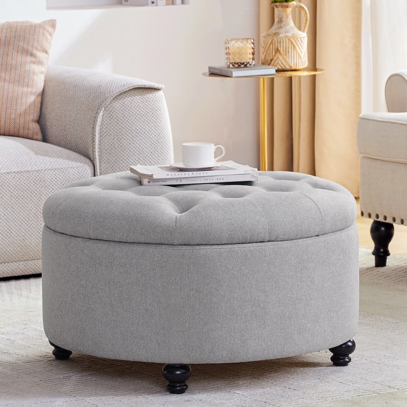 Tufted Large Round Storage Ottoman Footrest Beige/ Grey/ Blue - Grey