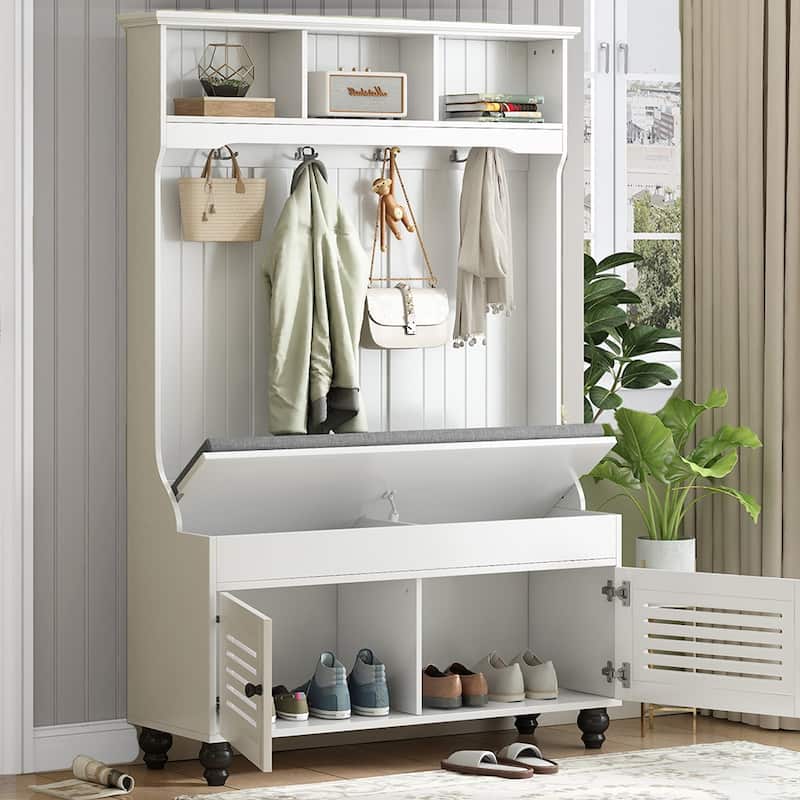 47"W Entryway Hall Tree with Bench & Flip Cabinet & Hanging Hook - 47.2''W x 17.5'' D x 69.1'' H