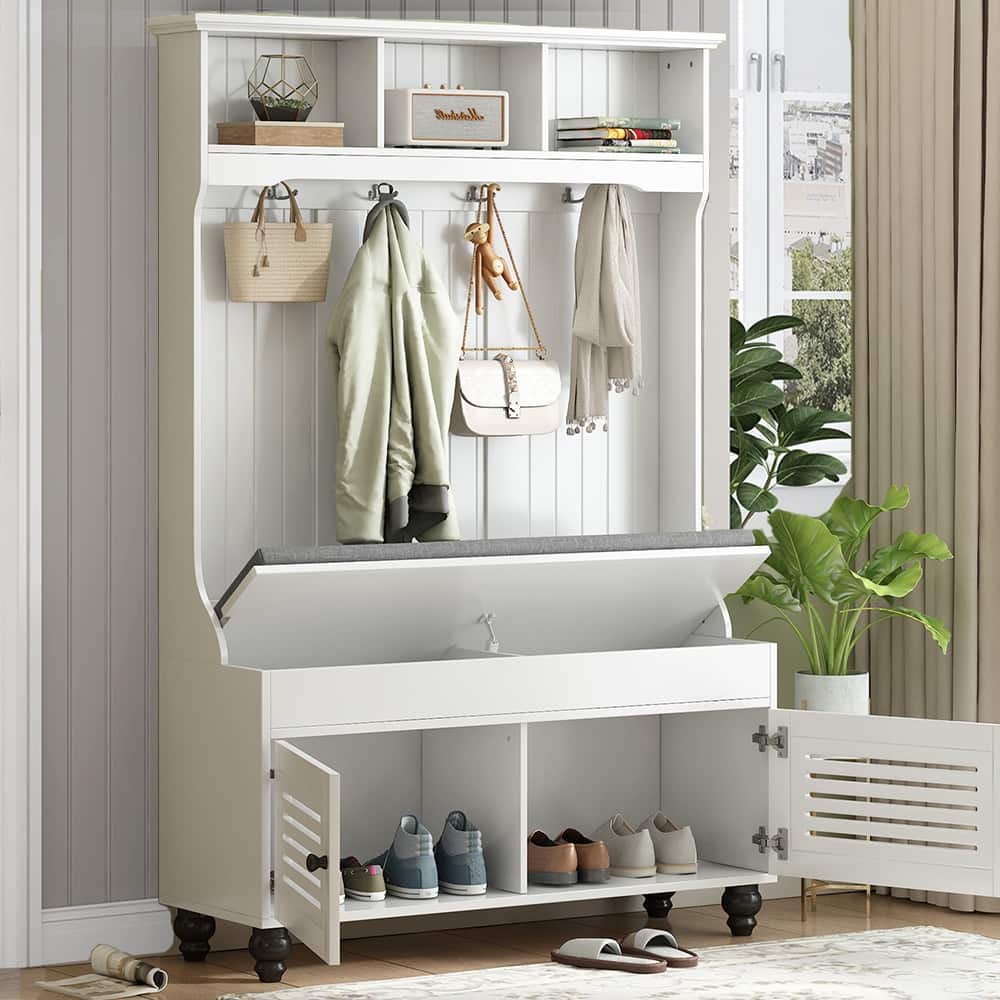 47"W Entryway Hall Tree with Bench & Flip Cabinet & Hanging Hook - 47.2''W x 17.5'' D x 69.1'' H
