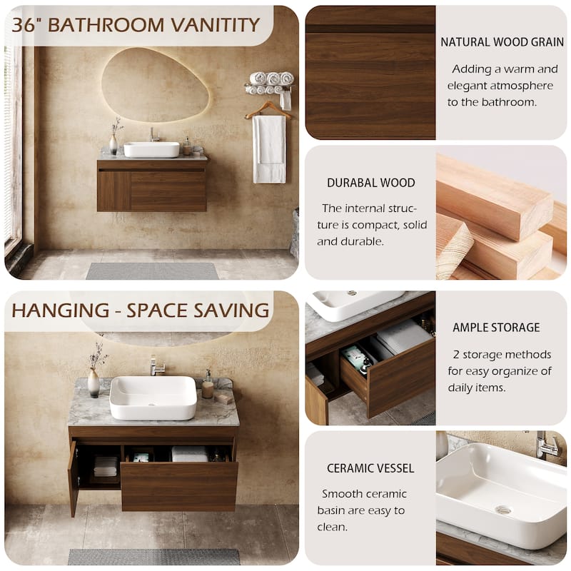36" Floating Bathroom Vanities with Sink, Solid Wood Texture