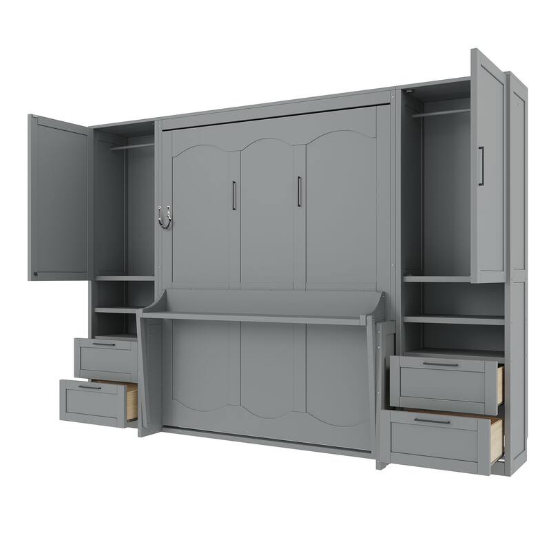 Roomfitters Full/Queen Size Murphy Bed Wall Bed with Shelves, Wardrobe and Lighting