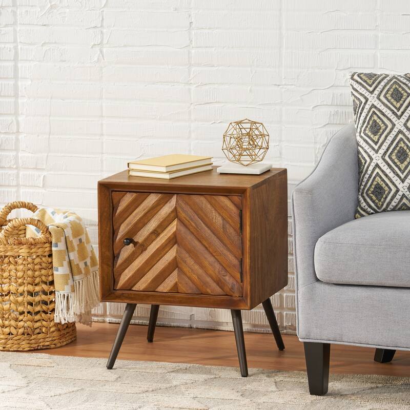Handcrafted Mango Wood Mid-Century Modern Accent Cabinet with Chevron Design and Storage Space