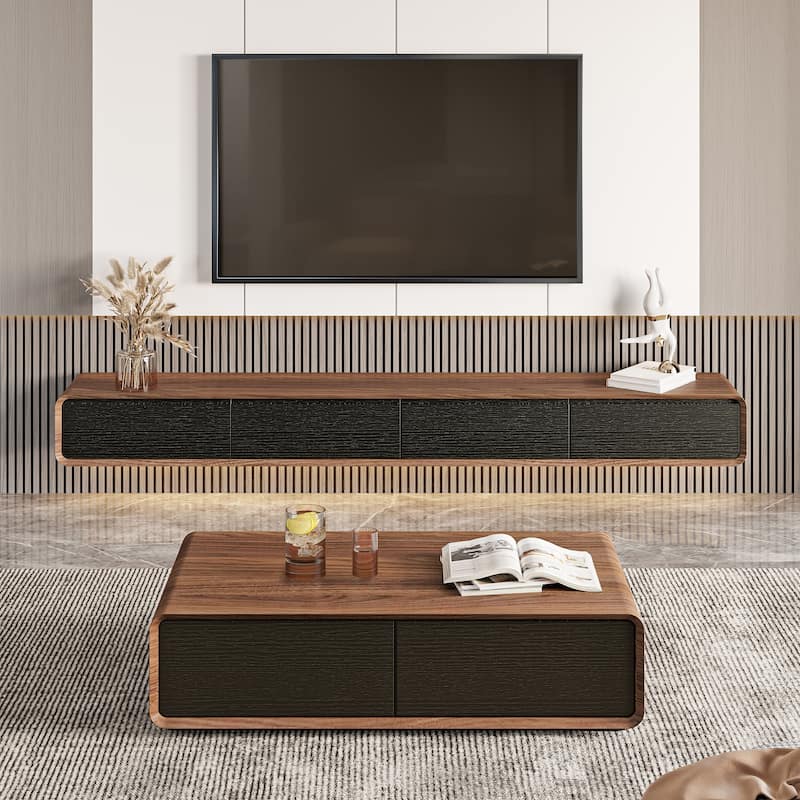 Floating Modern TV Stand for Living Room, Wall-Mounted Entertainment Center with Storage Drawers, Solid Wood, Fully-Assembled