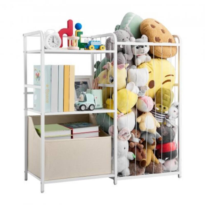 White Kids Toy Organizer with 4 Compartments and Metal Basket Top Shelf and Anti-Tip Design - 33.31 x 11.81 x 32.28 in