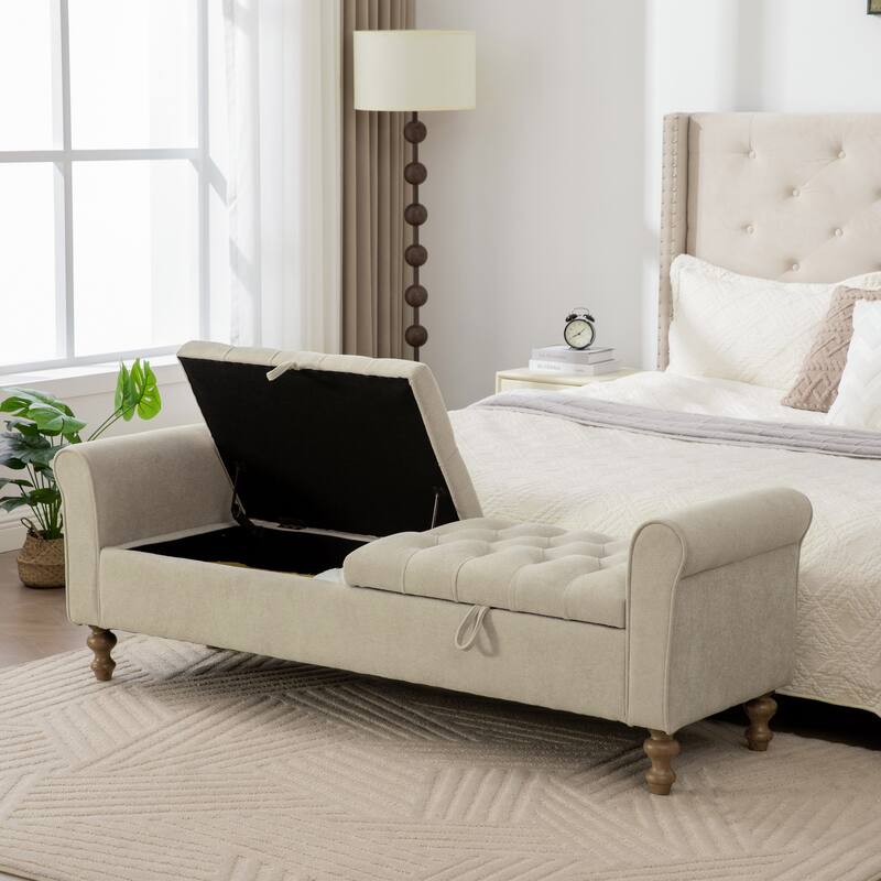 65.7"W Tufted Upholstered Storage Bench With Double Lids,Rubberwood Legs