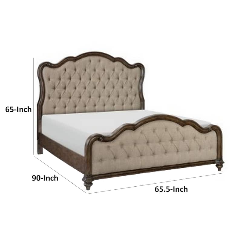 Deborah Queen Bed, Button Tufted Beige Fabric Upholstery, Brown Wood