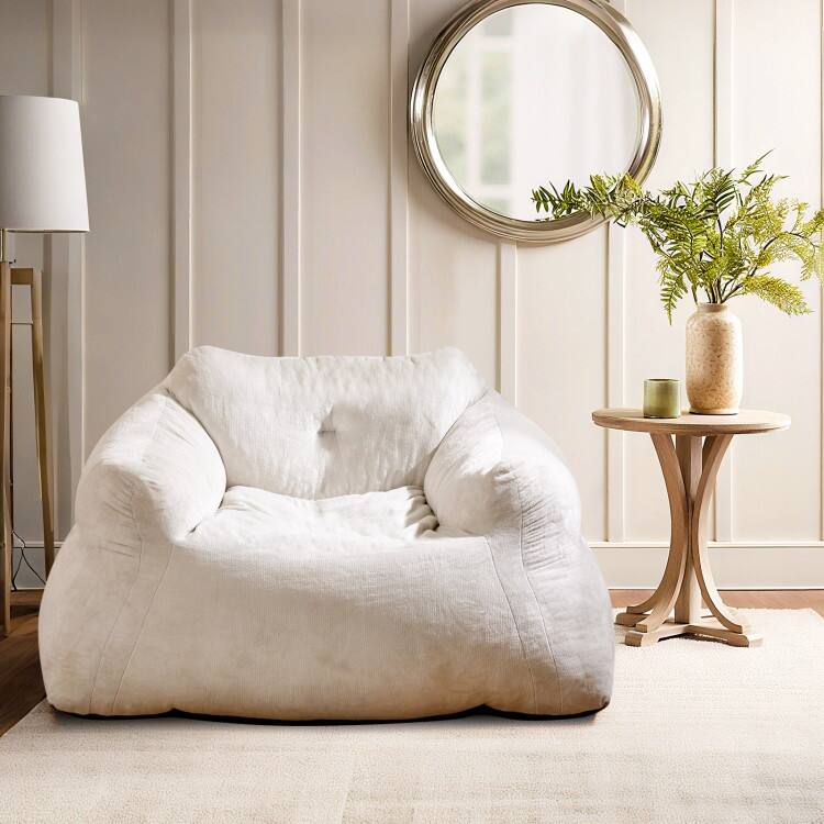 Beige Velvet Bean Bag Chair with Ergonomic Design and Padded Armrests - 51" x 44" x 27"